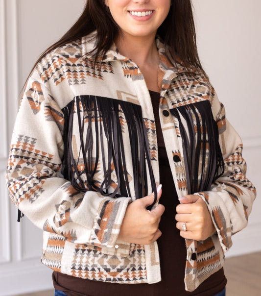 Aztec Fringe Sherpa Lined Coat
